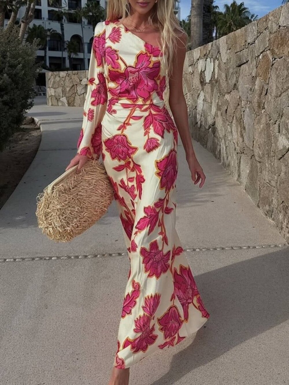Multicolor Elegant Women's Printed One-Shoulder Dress